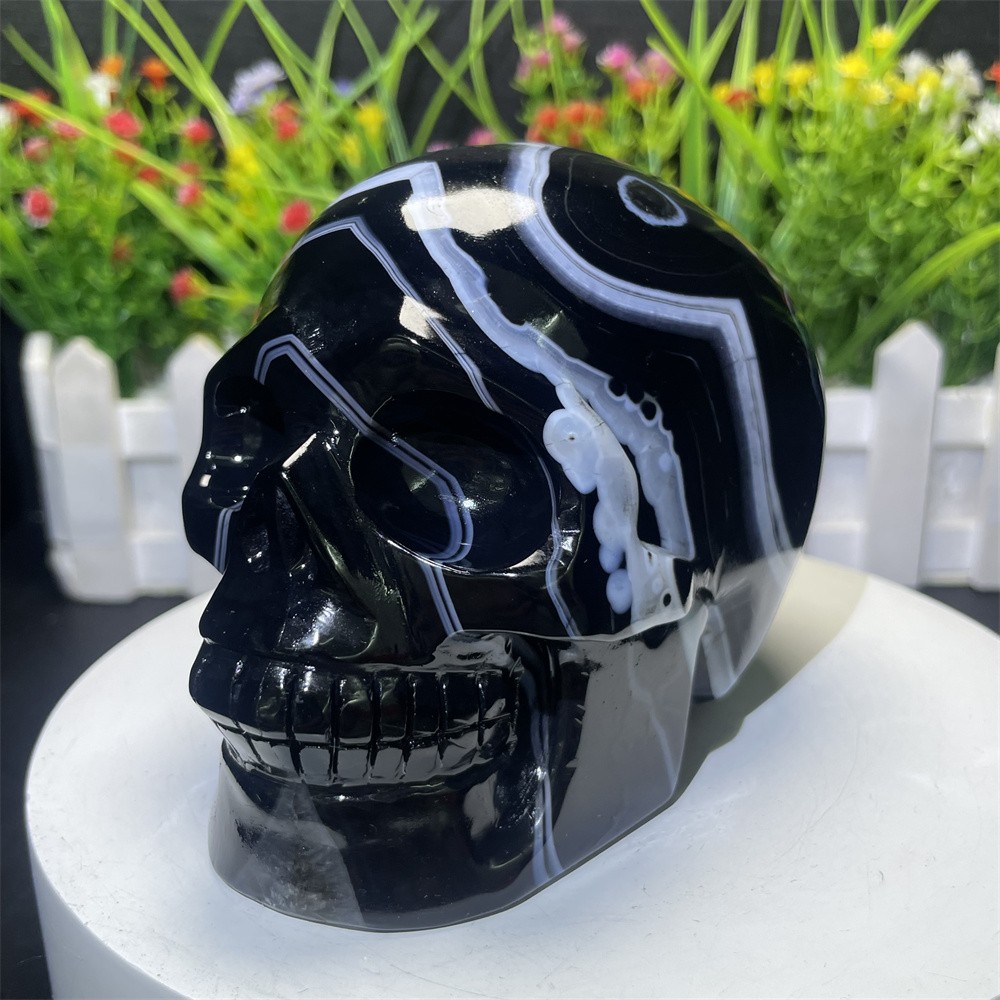 2.3LB 4.5″ Natural A++ Black Sardonyx Agate Skull Crystal Quartz Decor Gift