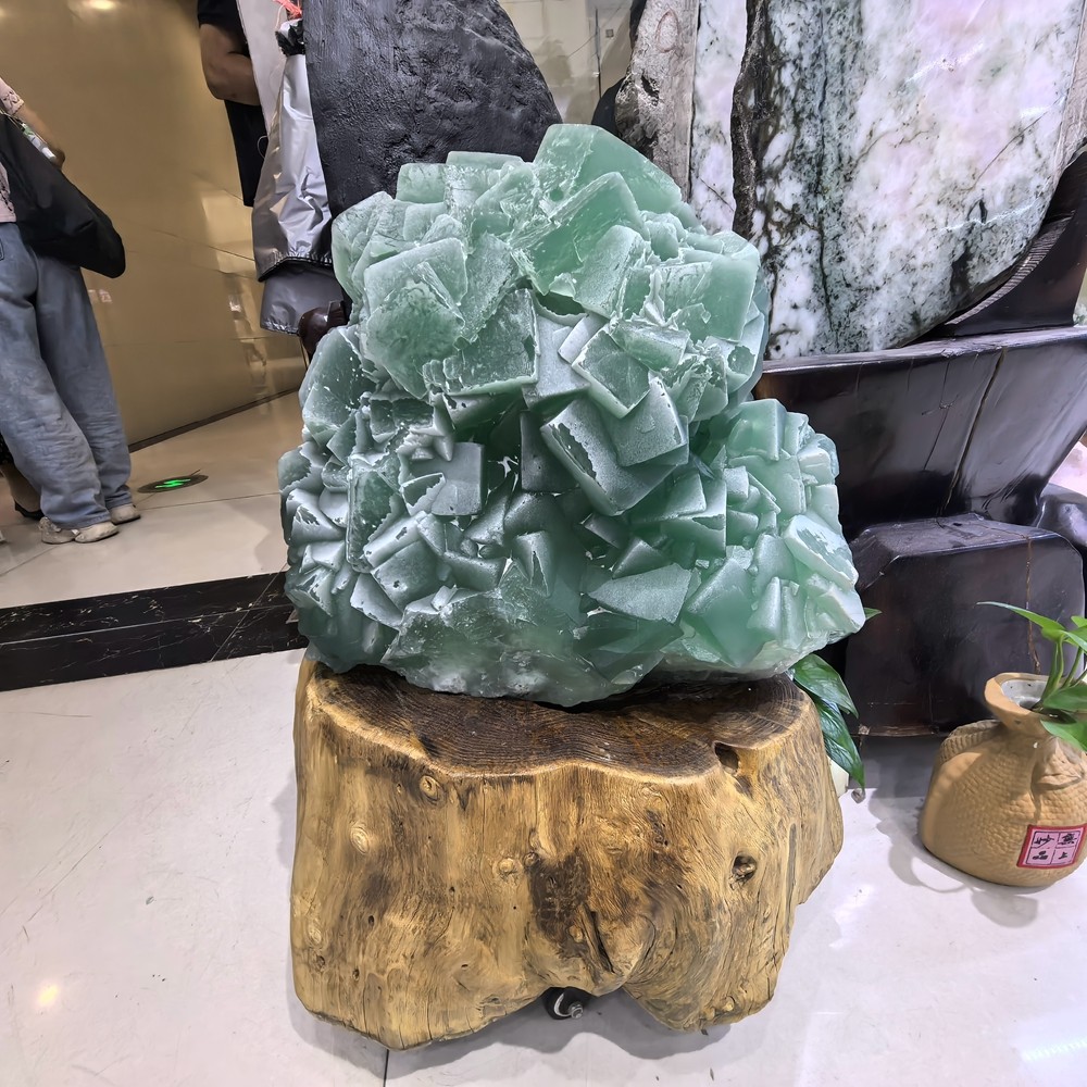 110LB Top Natural Green Fluorite Quartz Cluster Crystal Mineral Specimen + stand