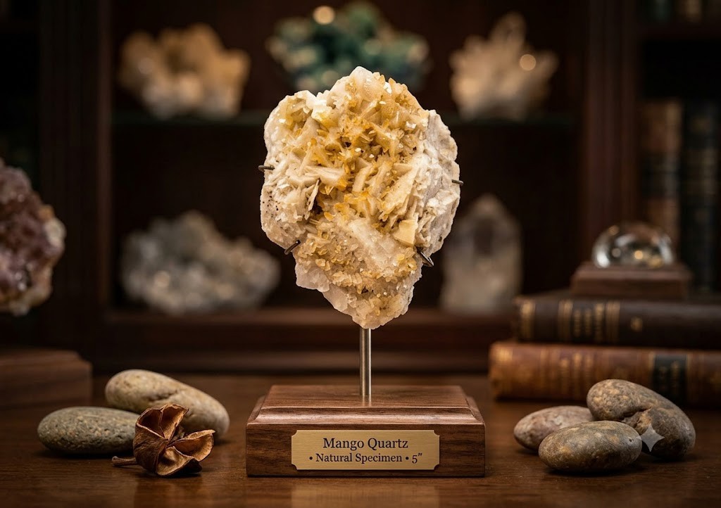 Beautiful Natural Mango Quartz mounted on a Display Stand – Quartz – 5″
