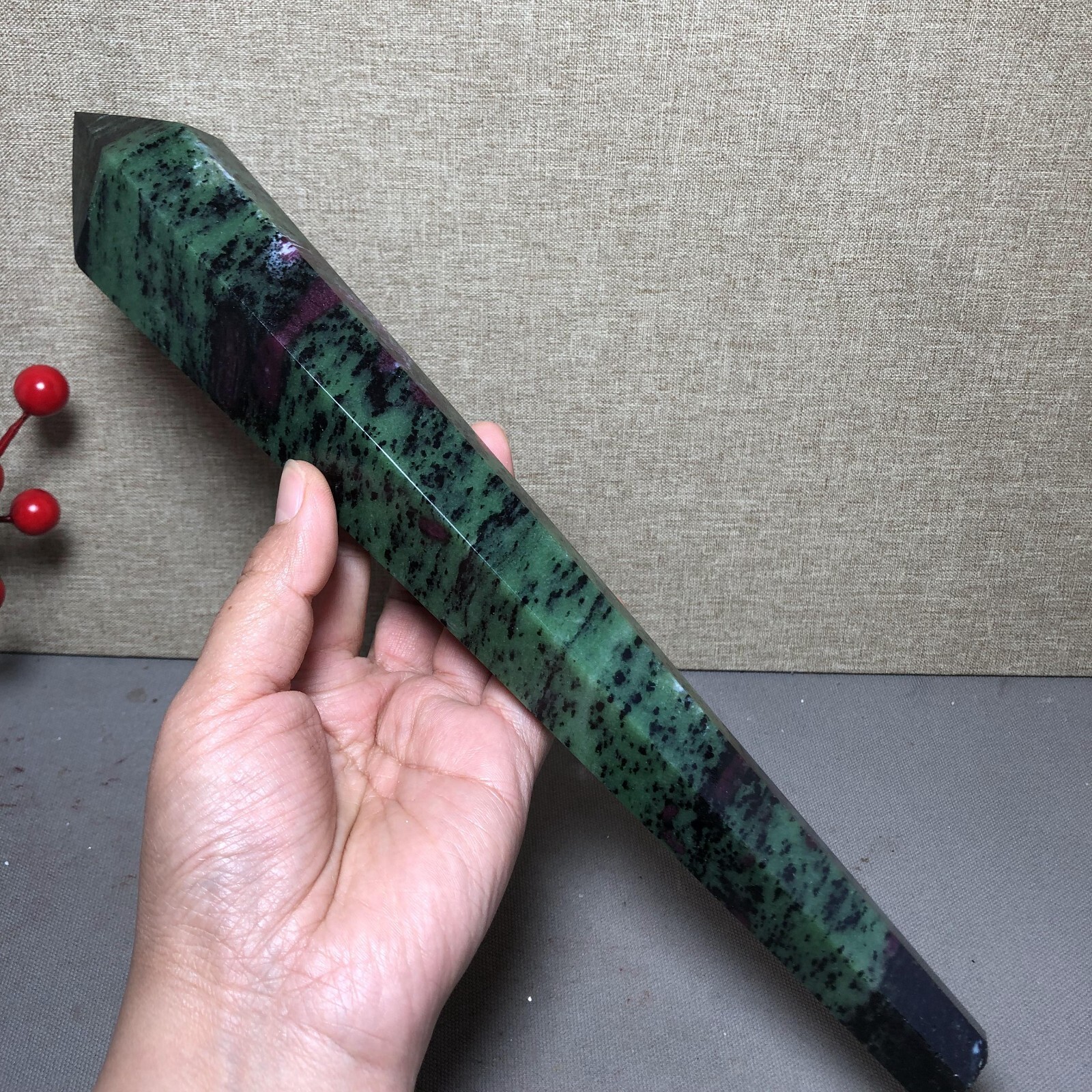 295mm Long Natural red green epidote wand Obelisk Crystal specimens 716g A4537