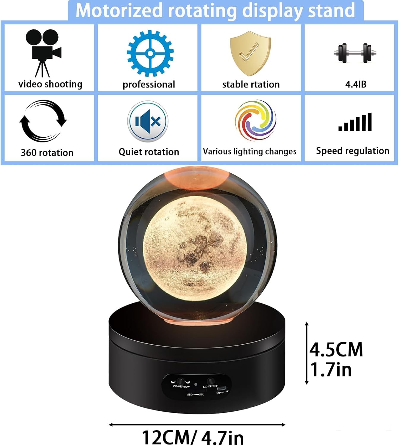YVV LED Rotating Display Stand, Lighted Base-Crystal Glass Art, 360 Black