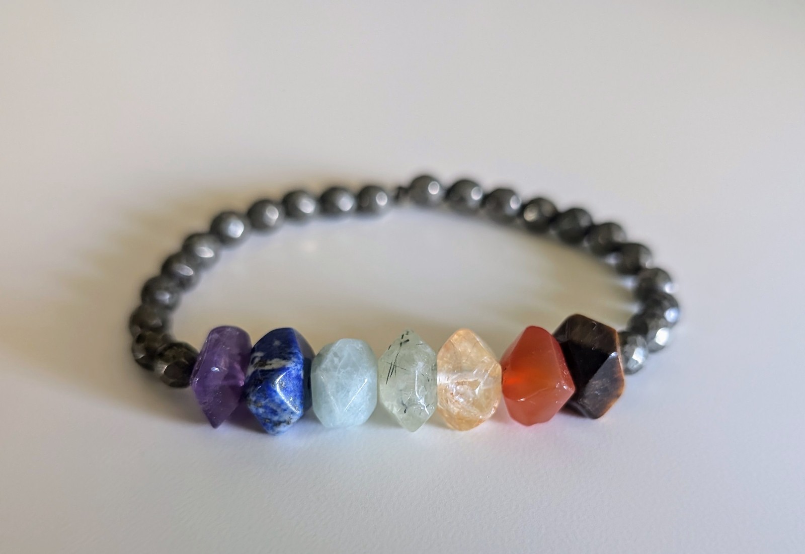 7 Chakra Bracelet Sm/Med Tigers Eye Carnelian Citrine Prehnite Lapis Lazuli