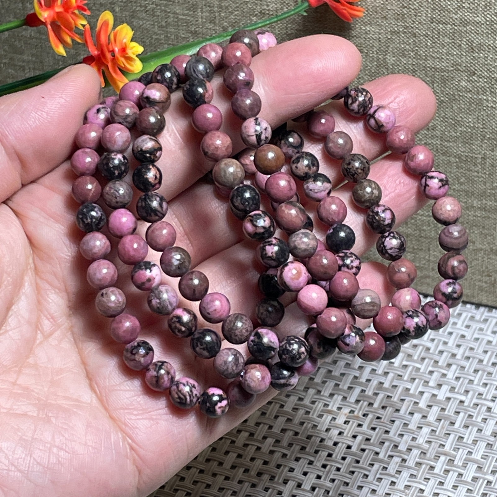 Wholesale 1Pcs 6mm Rhodonite jasper stone ball beads 6mm 7.5”crystal Stretch Bra