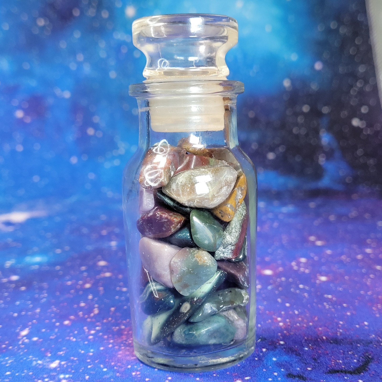 Ocean Jasper Natural Stone Tumbles in Vintage 4 oz Apothecary Glass Jar *Video*