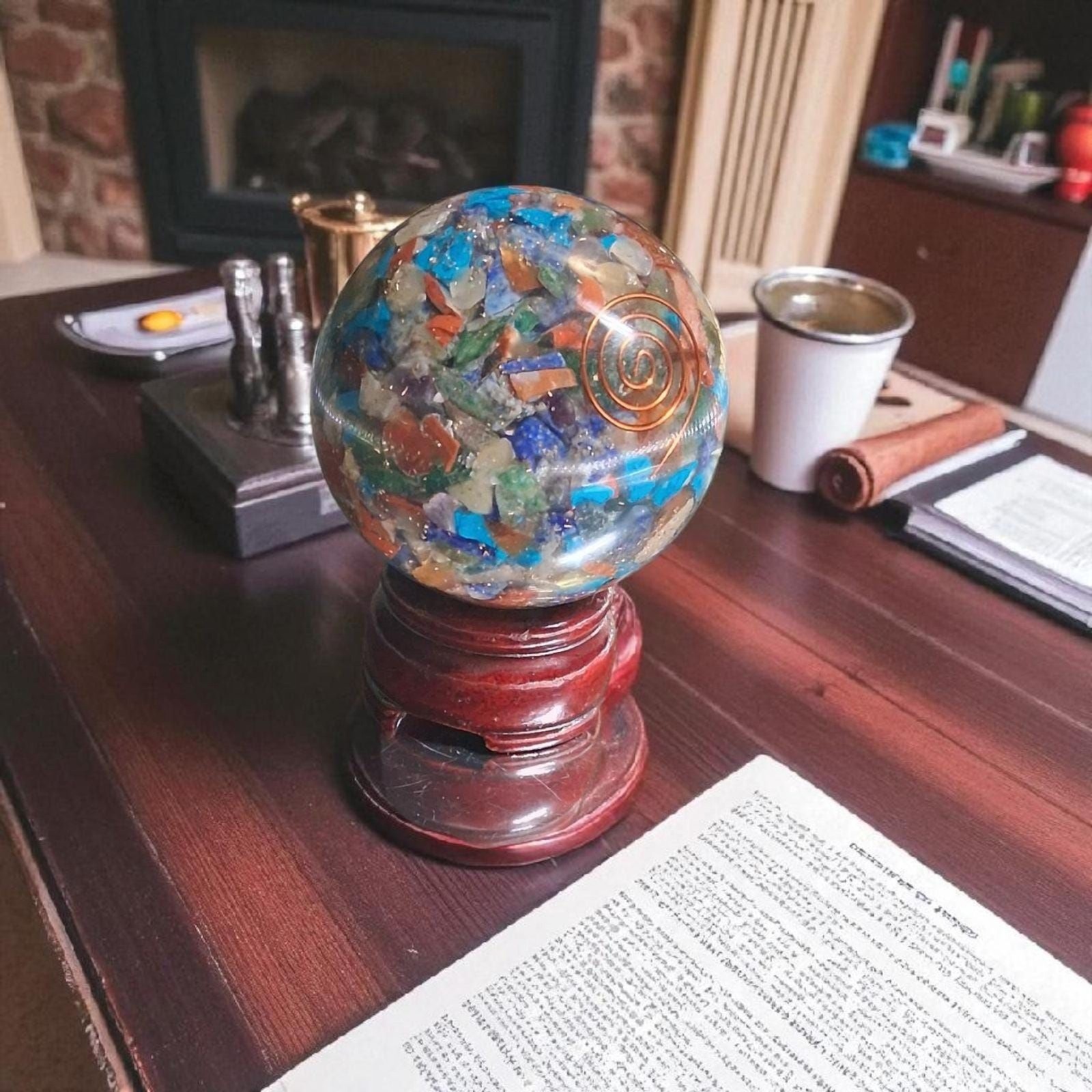 Orgone Multi-Chakra Sphere – 70mm Crystal Ball with Copper Coil & Wooden Stand