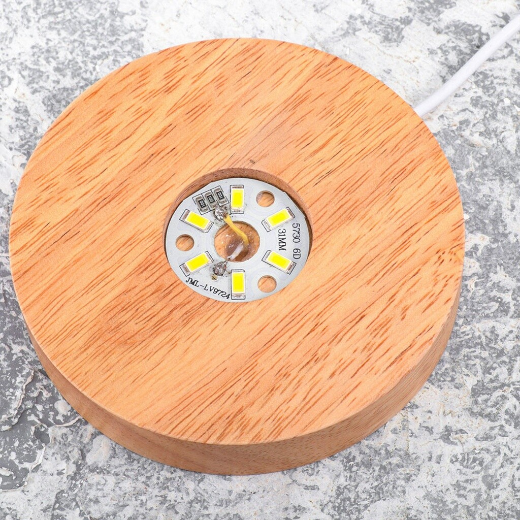 Wooden LED Display Stand 3D Nightlight Round 80mm Base Holder for Crystal Glass