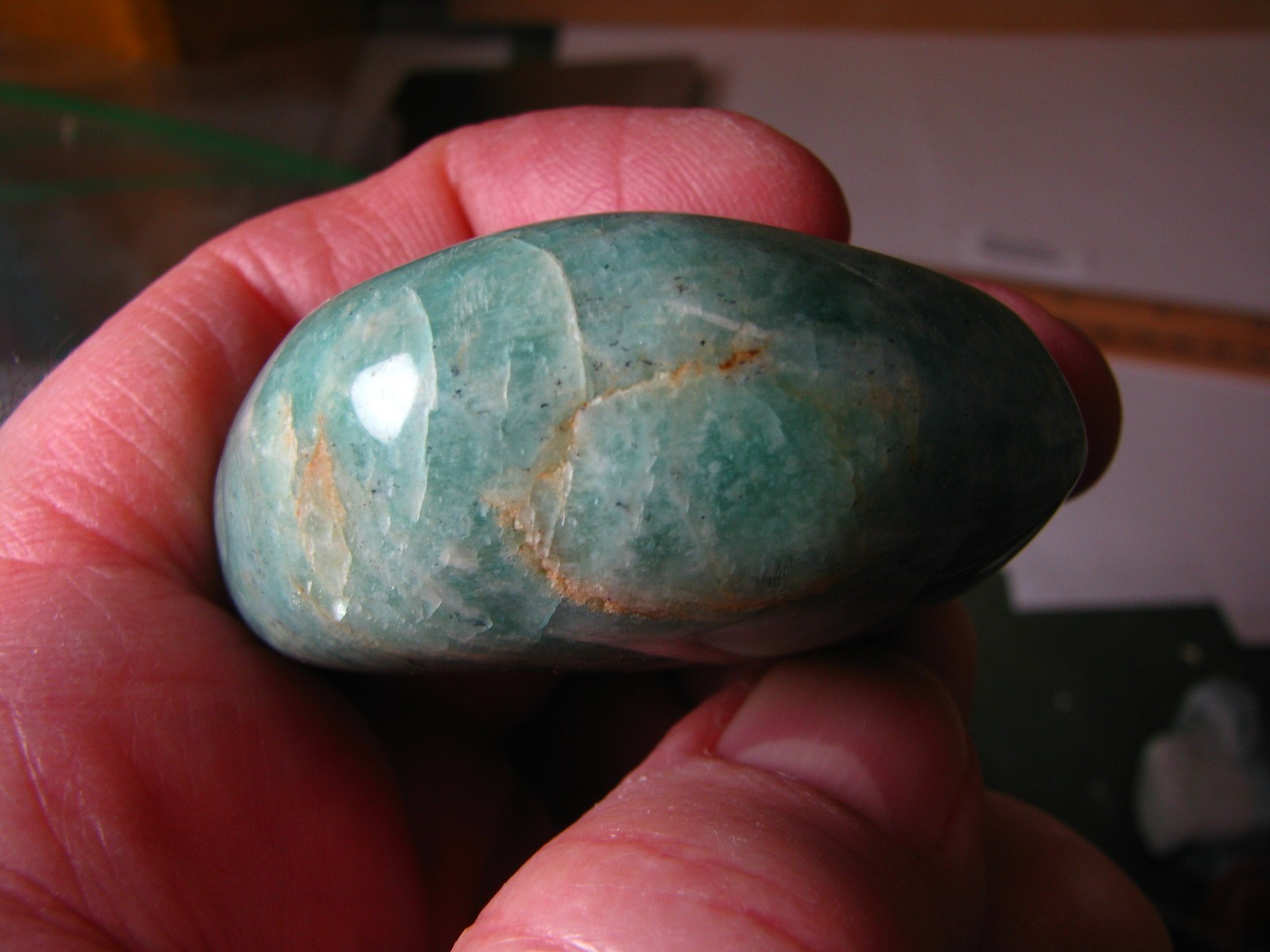 3oz 2.1 x 1.6 x .9nch AQUA AMAZONITE PALM STONE GREAT COLOR MADAGASCAR #033