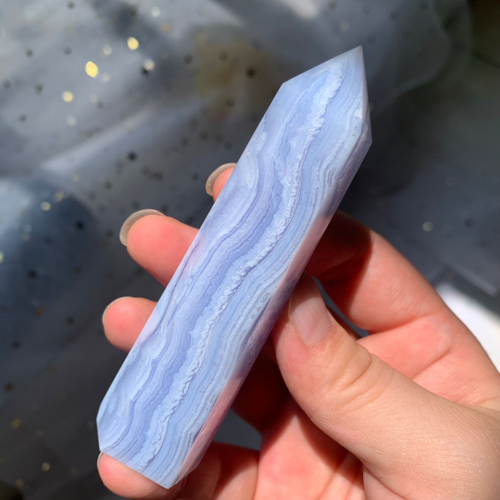 93g Blue Lace Agate Obelisk Point Healing Crystal Stone Sacred Geometry Decor