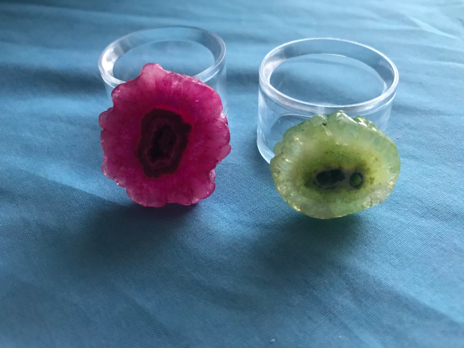 2 New 1 Pink & 1 Green Cut, Dyed & Polished Crystal Stone Stalactites