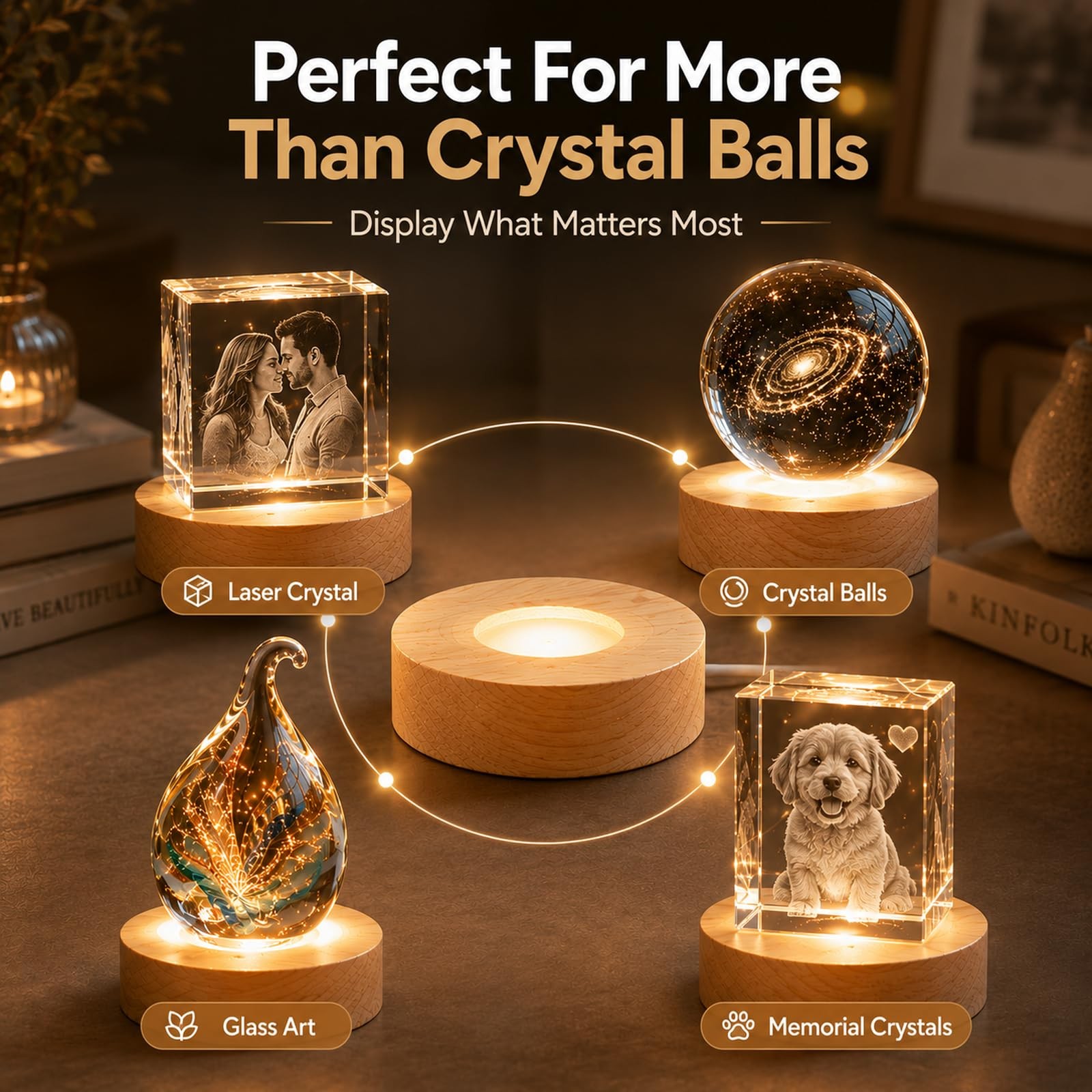 8 Pack Wooden LED Light Display Base with Switch, 3.9” Round Warm Light Stand…