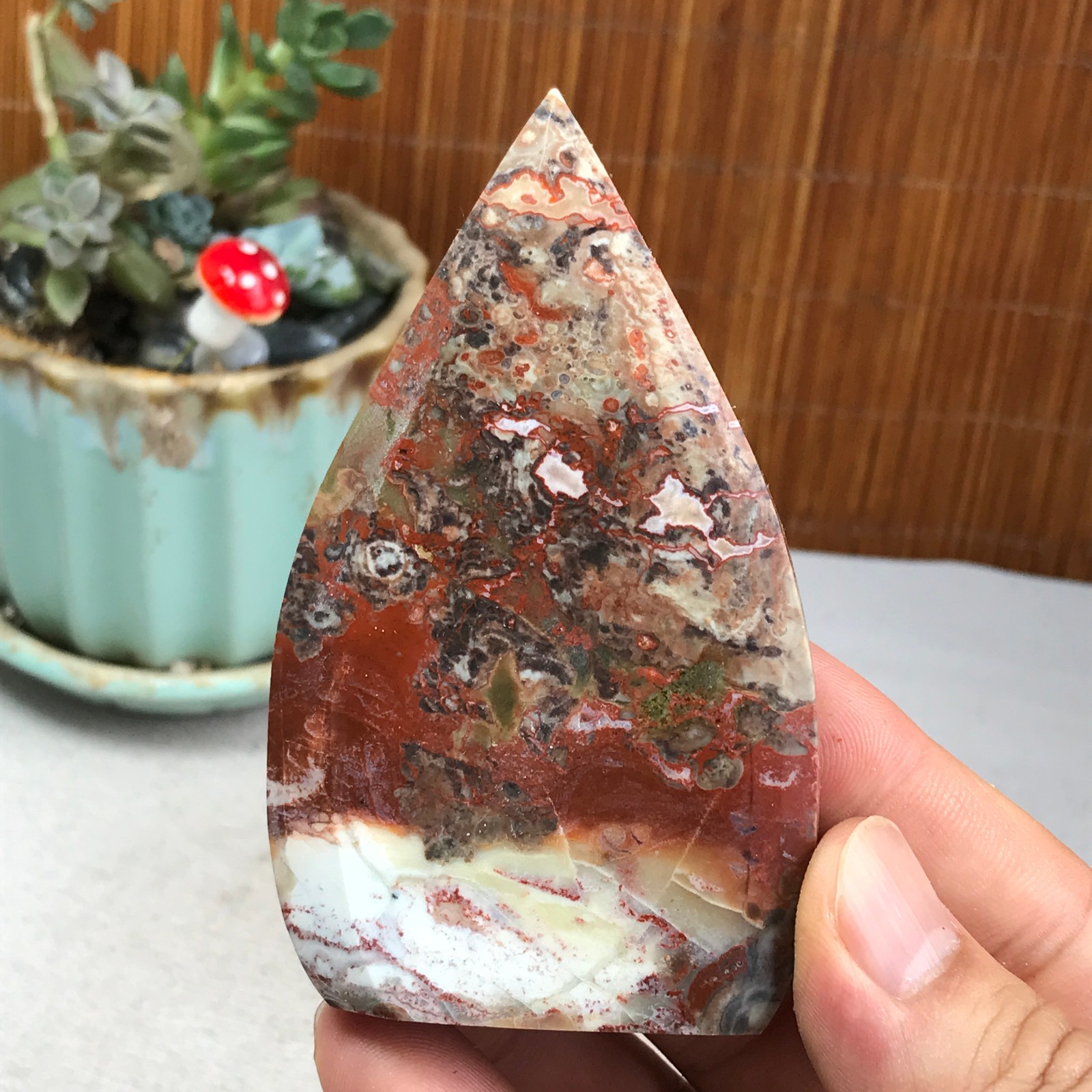 Natural money Mexico agate hand carve leaf Crystal Specimen free standing A6267