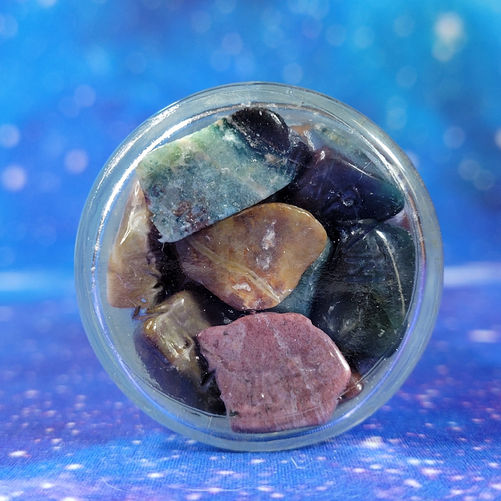 Ocean Jasper Natural Stone Tumbles in Vintage 4 oz Apothecary Glass Jar *Video*