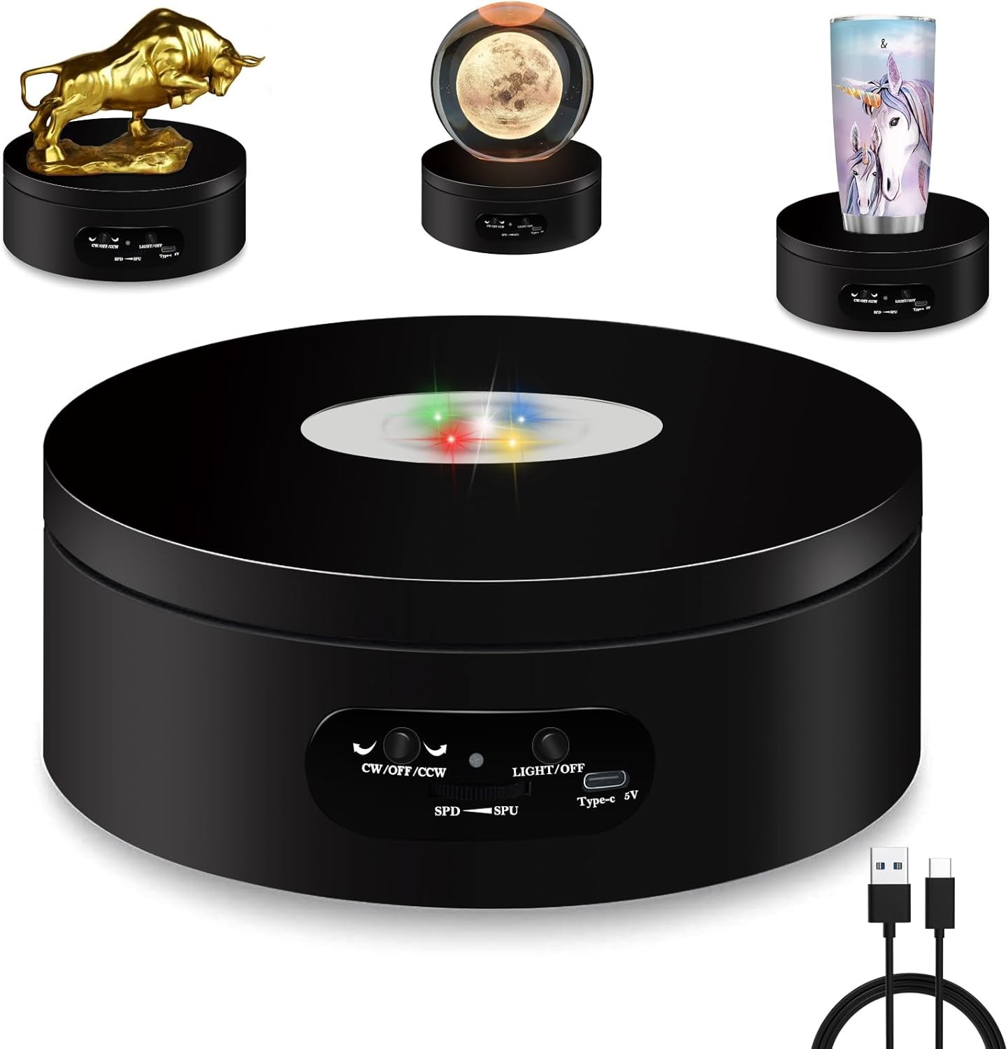 YVV LED Rotating Display Stand, Lighted Base-Crystal Glass Art, 360 Black
