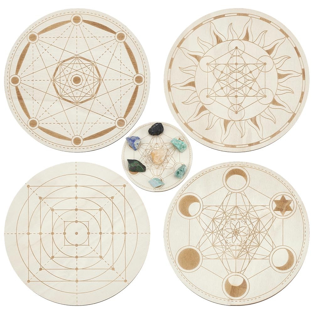 4 PCS Wooden Crystal Grid Board, Round Sacred Geometry Energy Grids Board, Me…