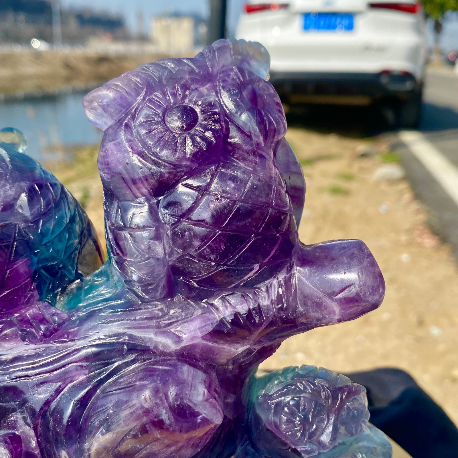 5.62LB Natural Fluorite Quartz Owl Sculpture Hand Carved Crystal Reiki Energy