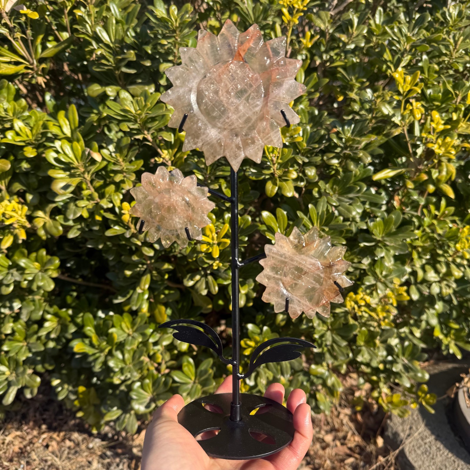 400g Natural red gum flower quartz crystal carved Sunflower Decor Gift
