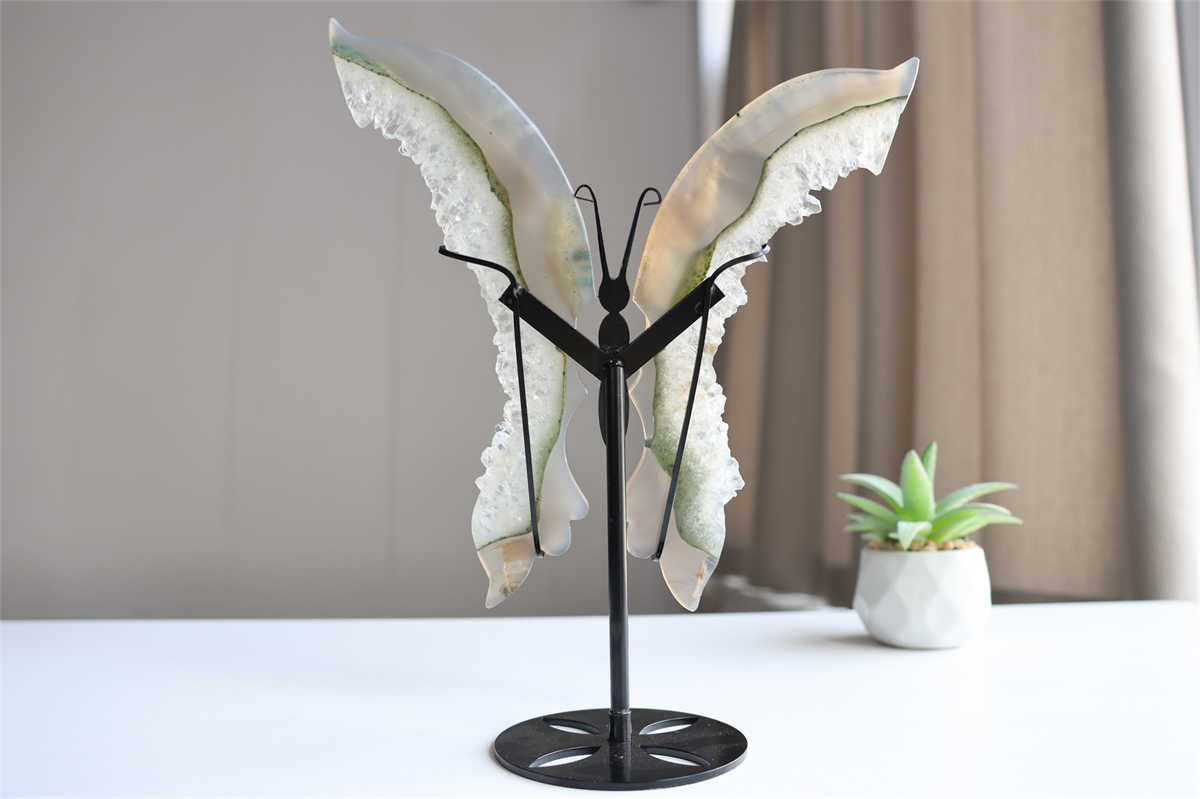 350g Natural Geode Agate Carved Butterfly Wing Reiki Crystal Decor Gift + Stand