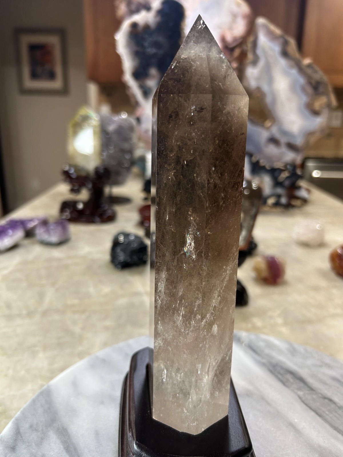 Smoky quartz tower with custom wood stand