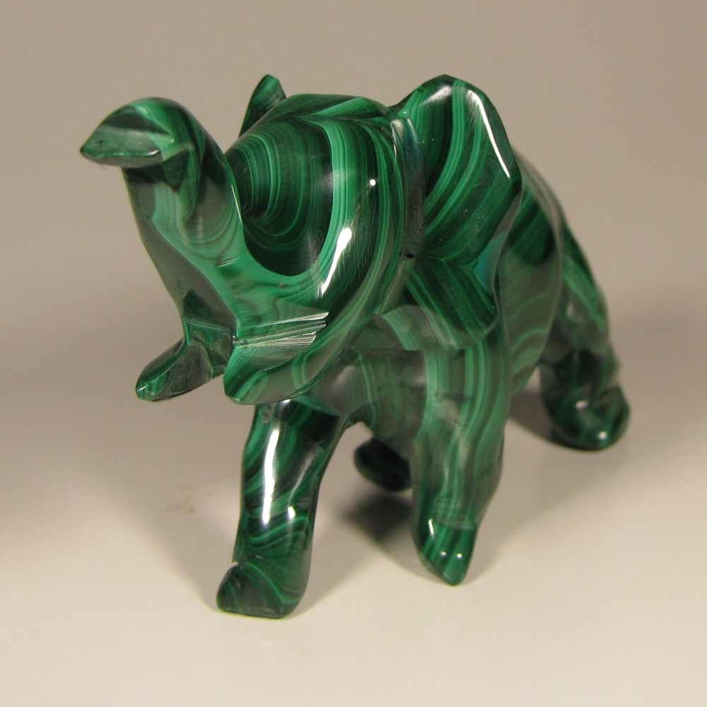 4″ Handcarved MALACHITE ELEPHANT Gemstone Animal Carving – Congo, Africa