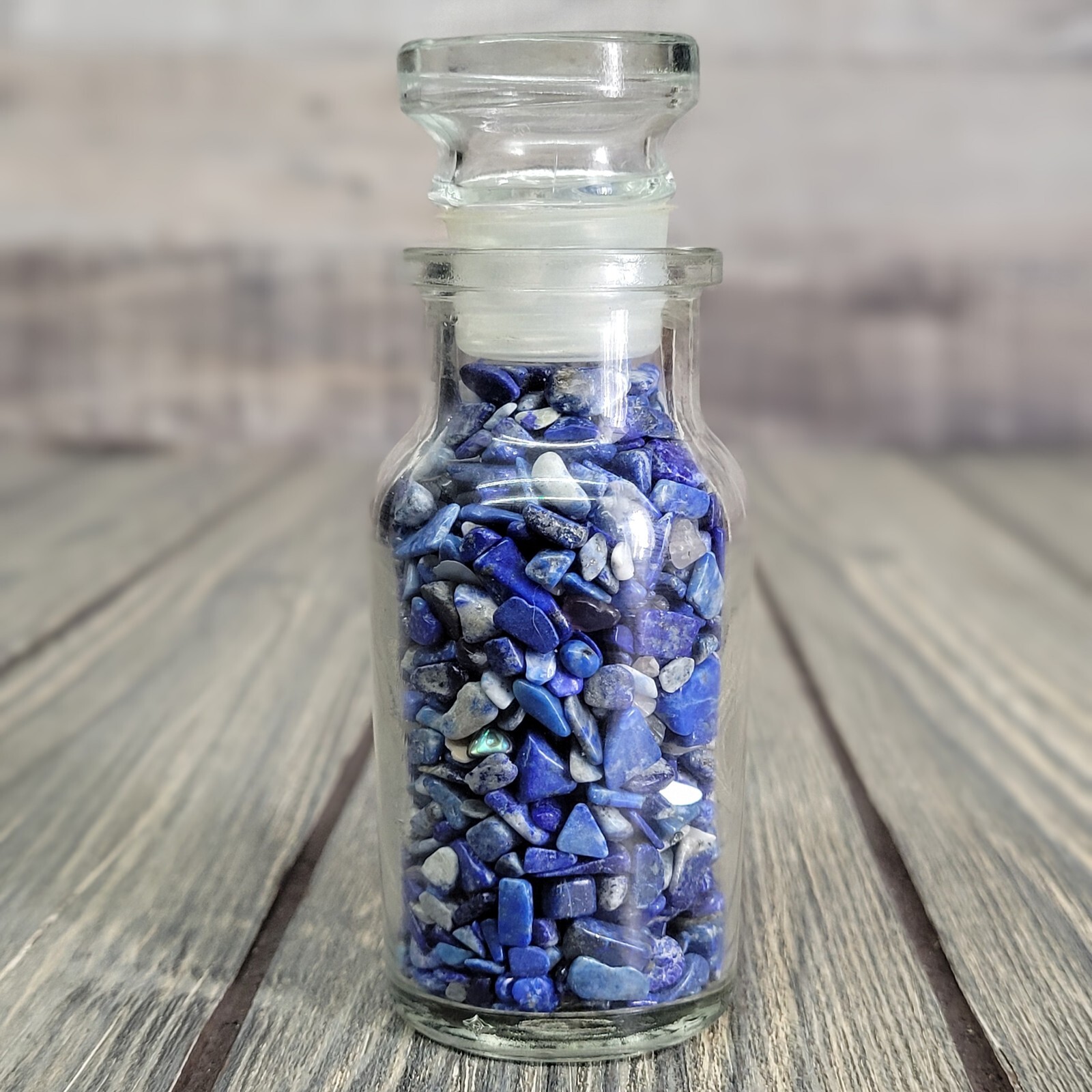 Lapis Lazuli Crystal Chips 4oz in Vintage Apothecary Glass Spice Jar Tumbled EUC
