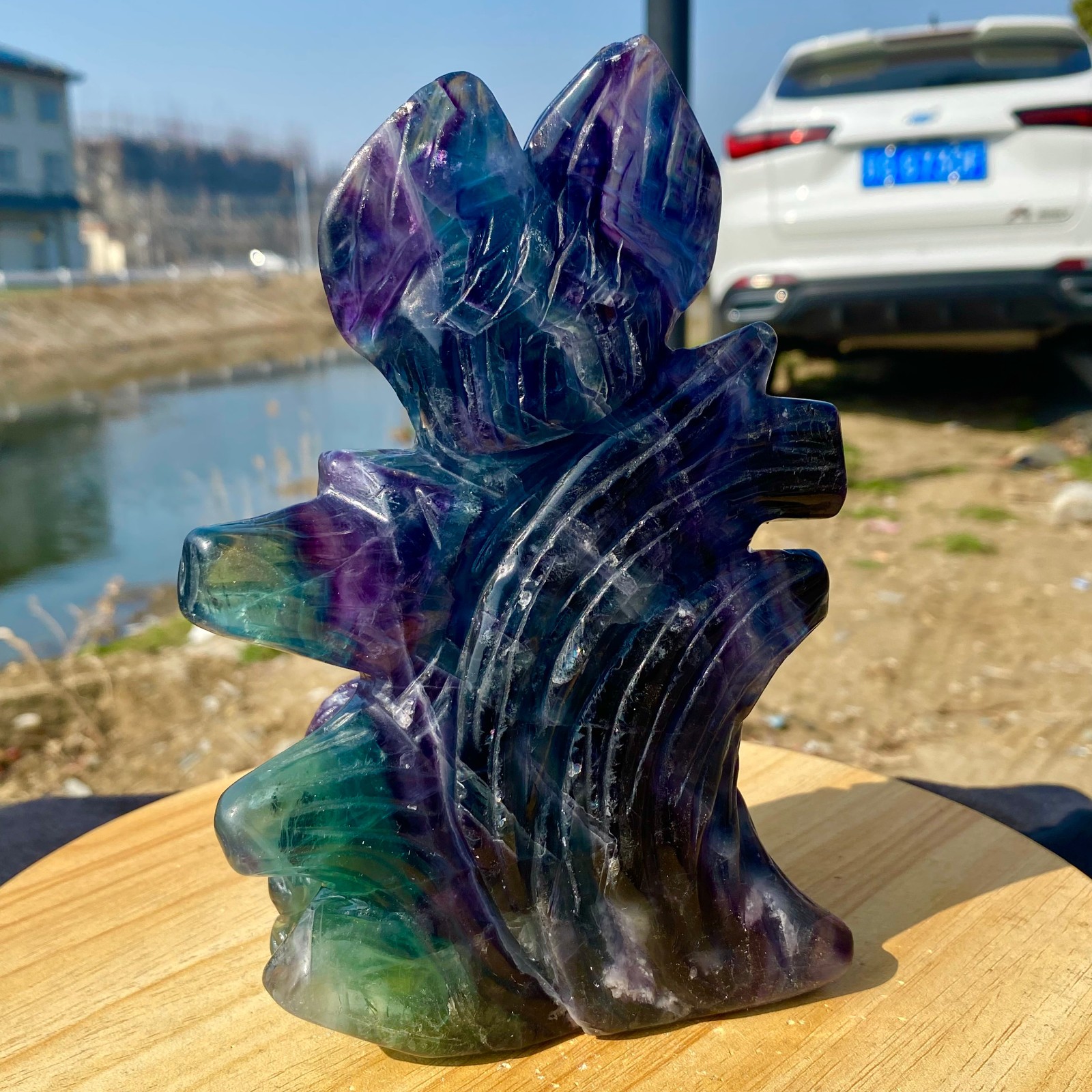 3.63LB Natural Fluorite Quartz Owl Sculpture Hand Carved Crystal Reiki Energy