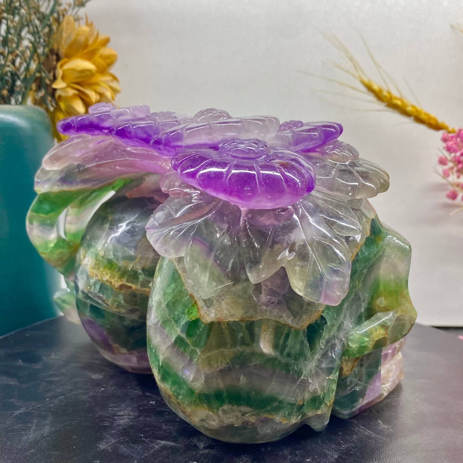 7.05LB Natural fluorite skull quartz hand carved crystal skull healing