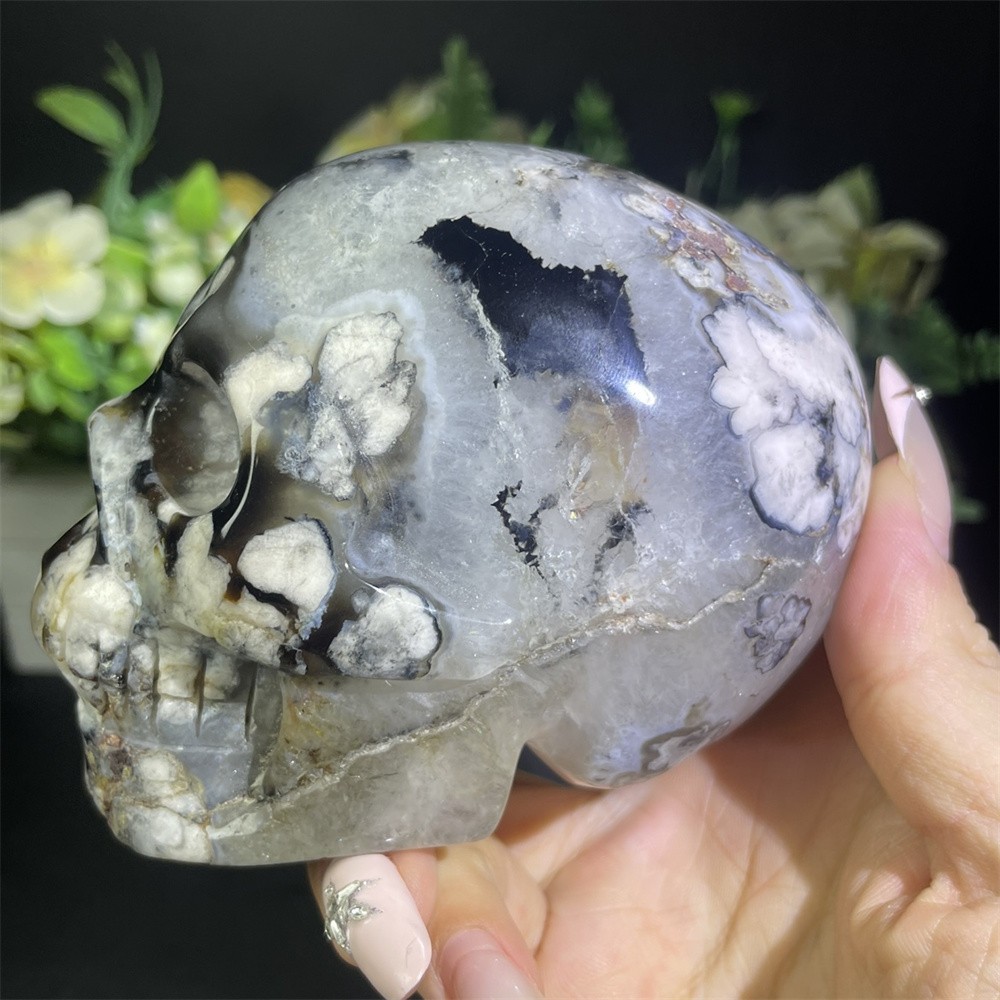 1.6LB 3.5″ Black Flower Agate Skull Carved Crystal Quartz Decor Reiki Gift