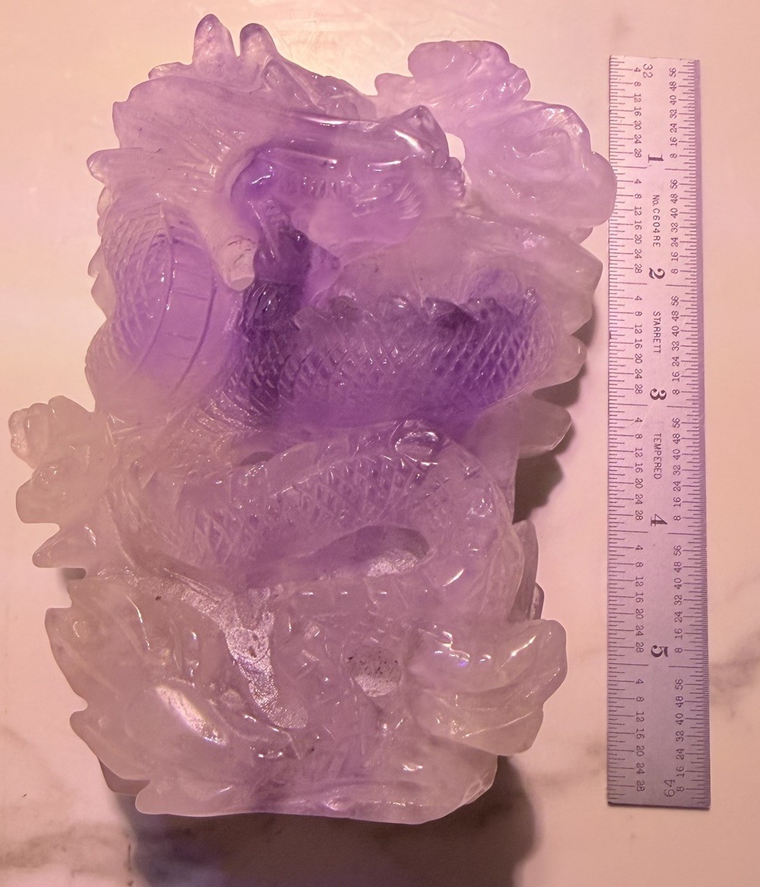 Purple Carved Crystal Dragon Sculpture Mineral Display Specimen Statue 6 in Tall