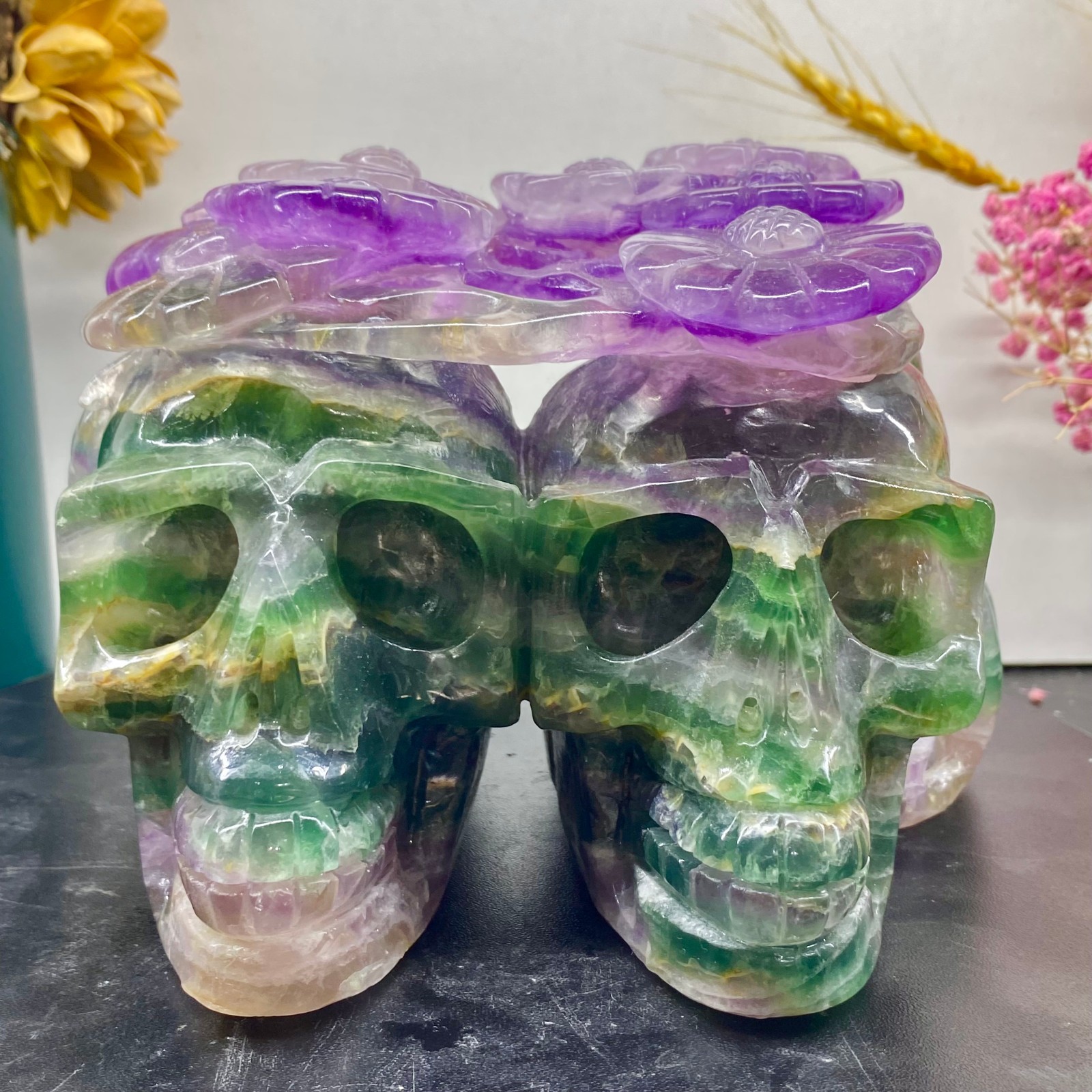 7.05LB Natural fluorite skull quartz hand carved crystal skull healing