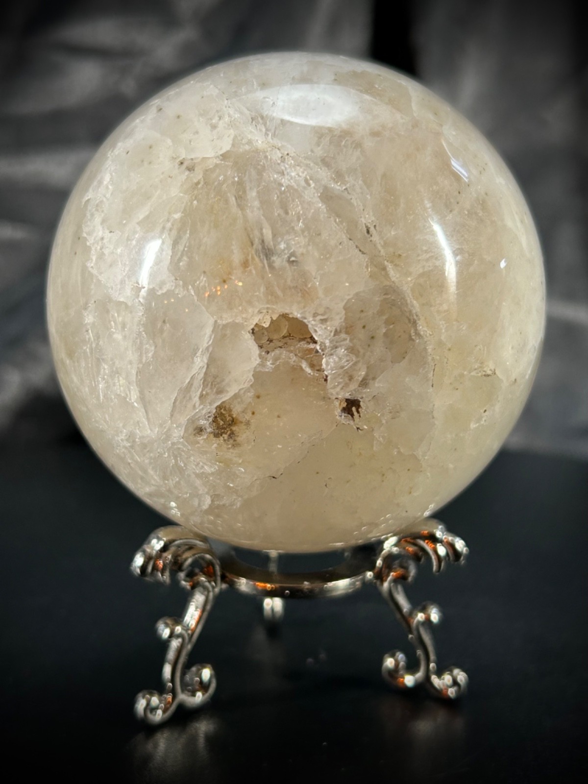 3″ Milky Lodolite Quartz Sphere With Metal Stand 1lb 6.1oz (626 grams) Druzy