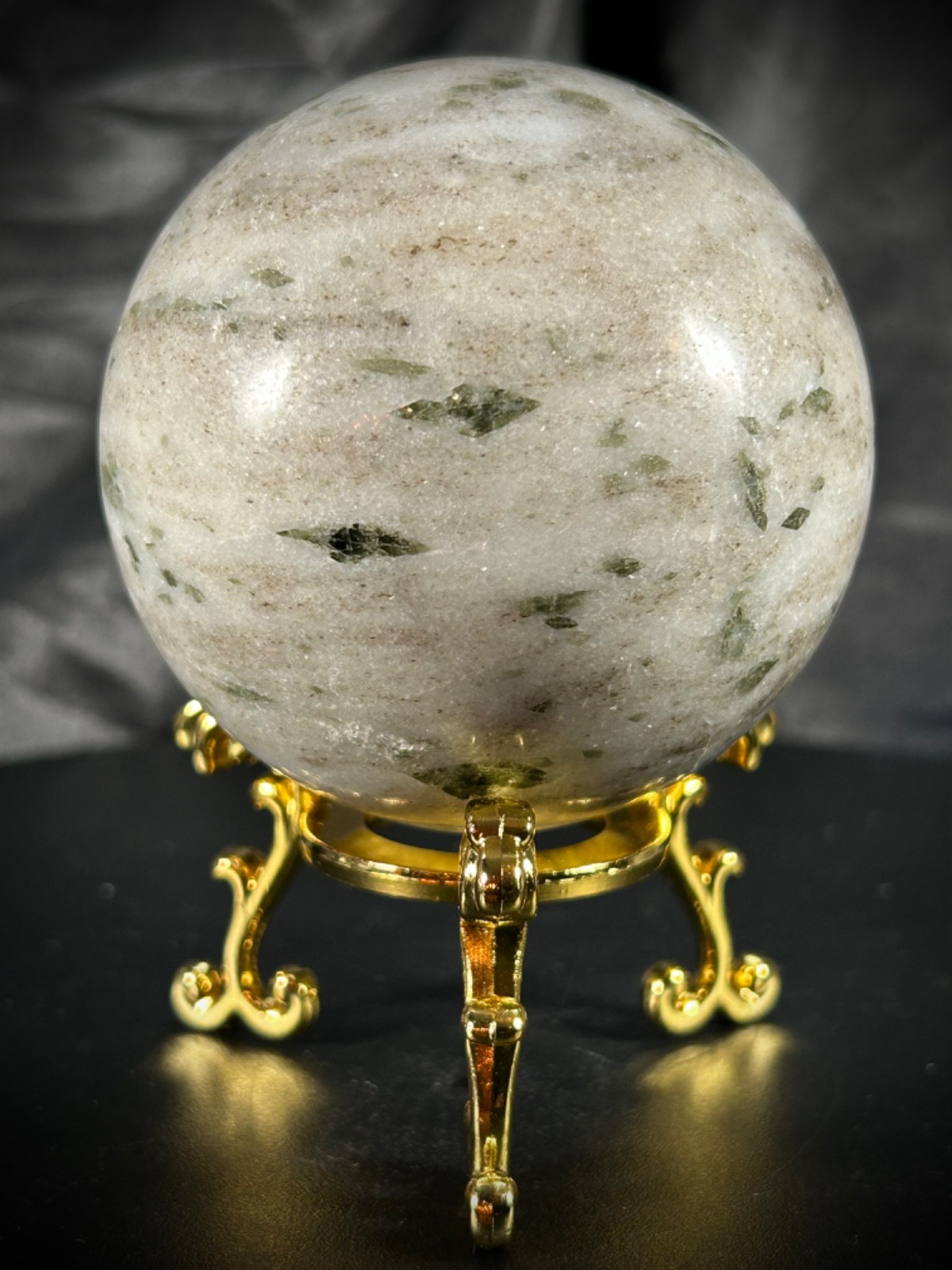 3″ Green Tourmaline In Quartz Sphere With Metal Stand 1lb 7.4oz (662 grams)