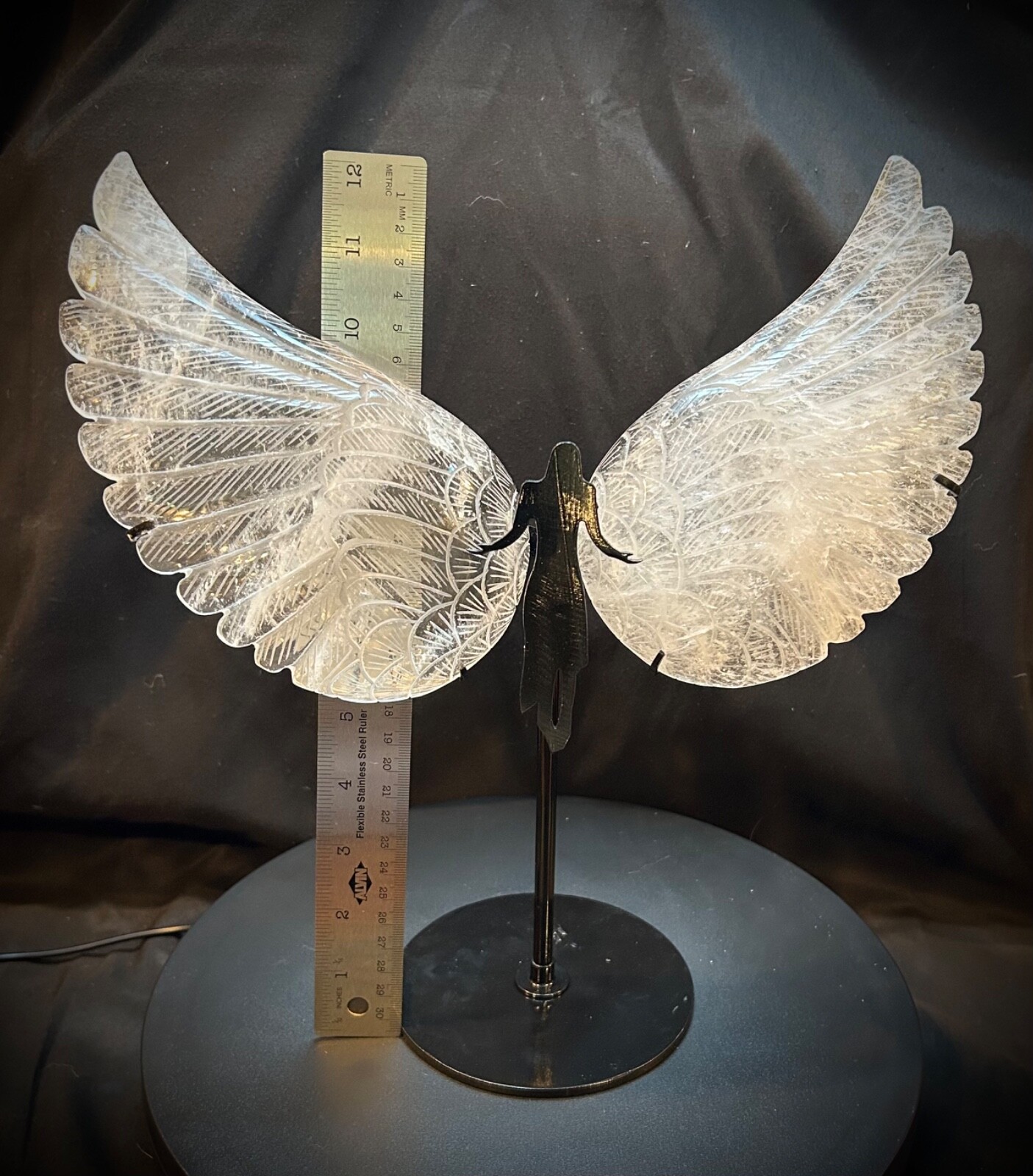 Elegant Large 11.5″ Wingspan Clear Quartz Wings With Metal Stand 3lb 7.7oz