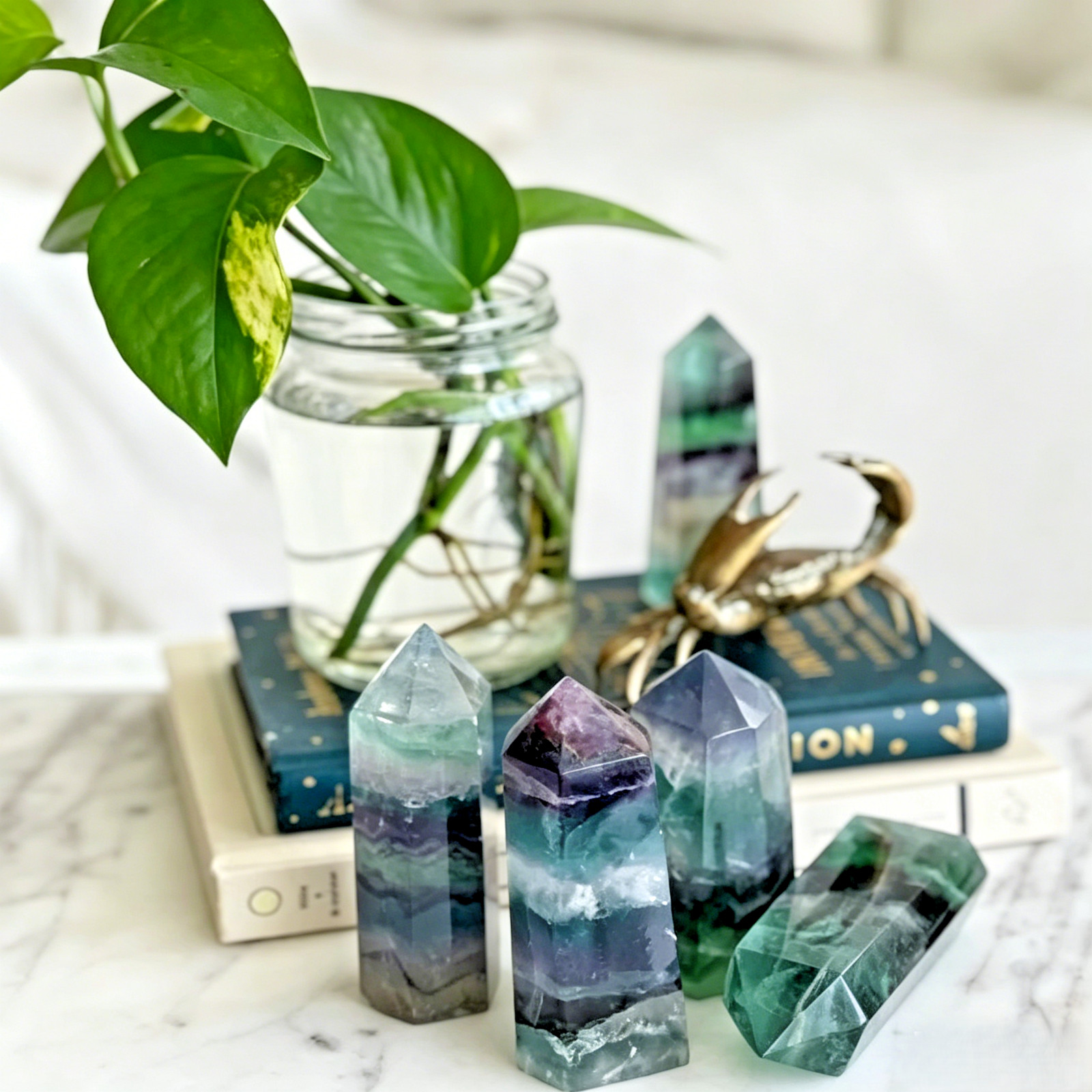 Natural Rainbow Fluorite Crystal Point Tower Hexagonal Obelisk Home Decor Chakra