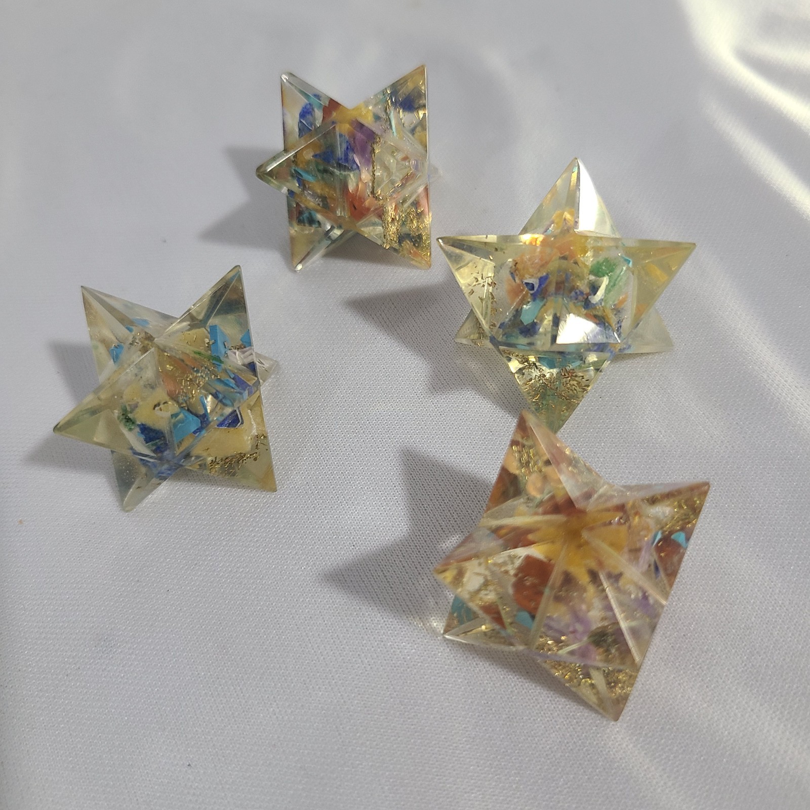 Lot 4 Vintage Merkaba Stars Lucite Acrylic Blue With Gold Leaf Kappa Healing 1″