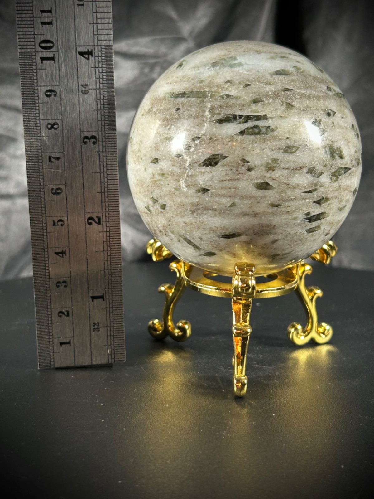 3″ Green Tourmaline In Quartz Sphere With Metal Stand 1lb 7.4oz (662 grams)