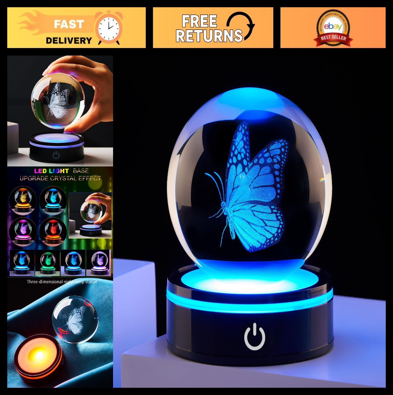 Colorful 3D Crystal Ball Butterfly Statue with LED Base – Unique Gifts for Women