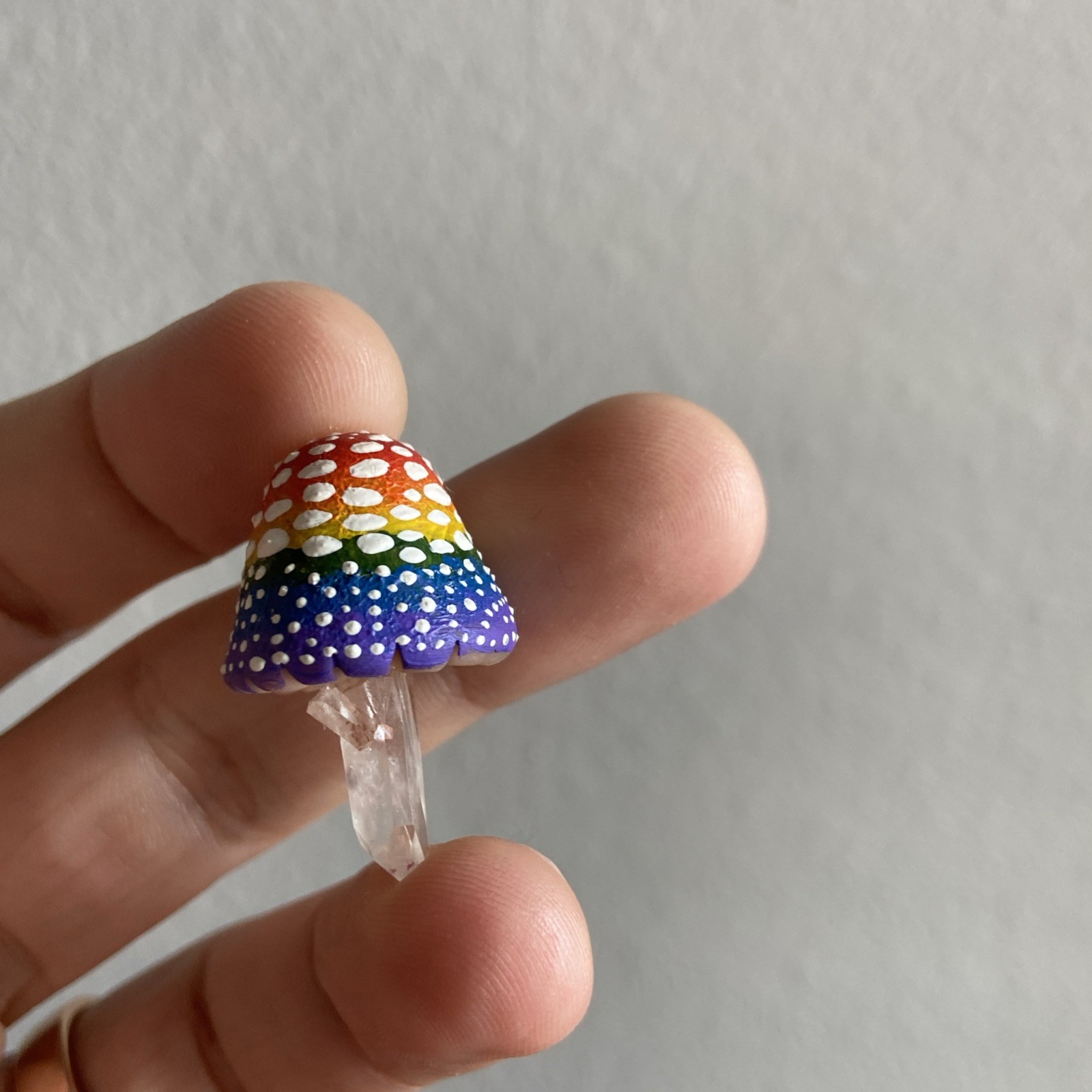 Handmade Clay Amanita Mushroom Lemurian Clear Quartz Crystal Point Rainbow Pride