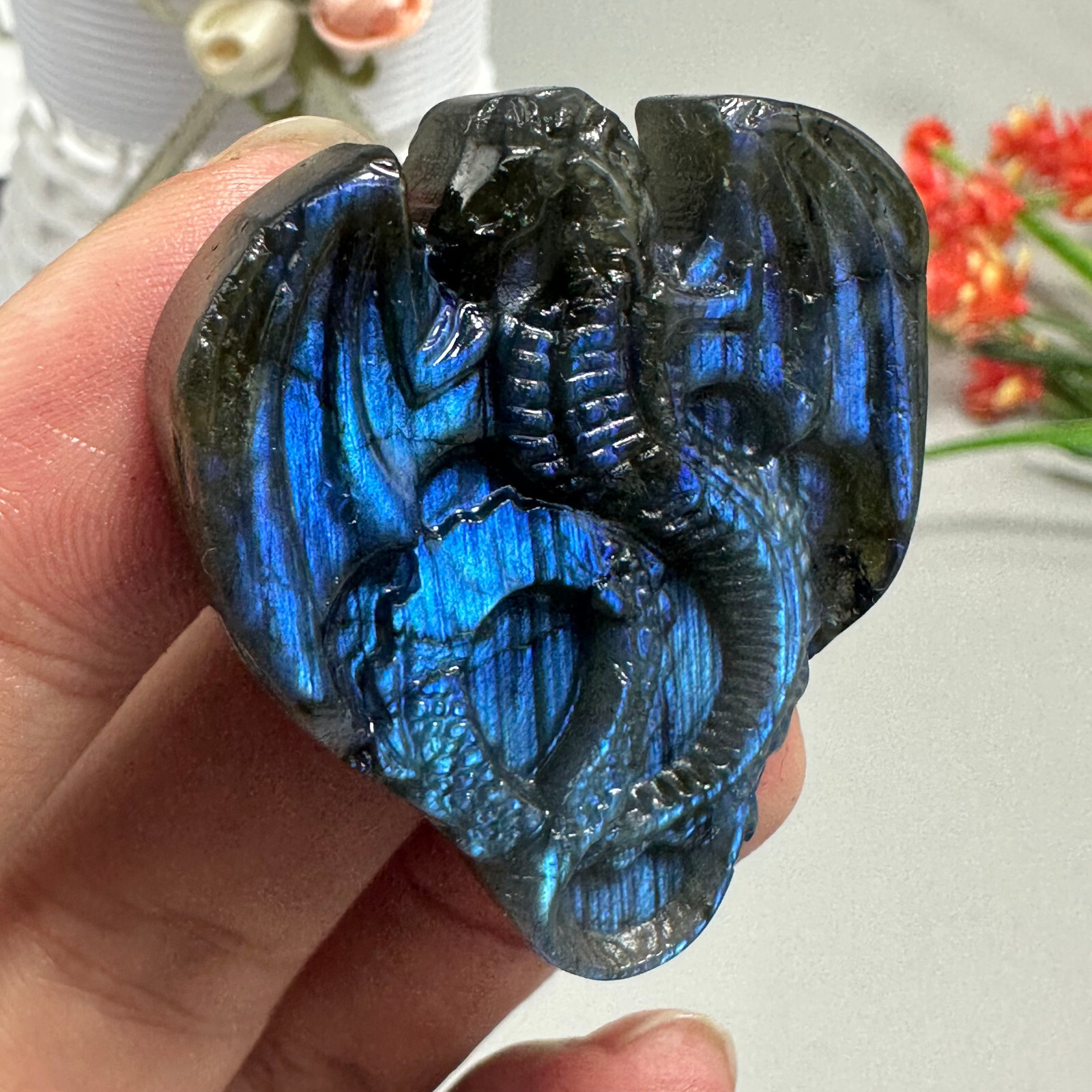 Natural Labradorite Carved dragon Quartz Skull Crystal Specimen Healing 1PC
