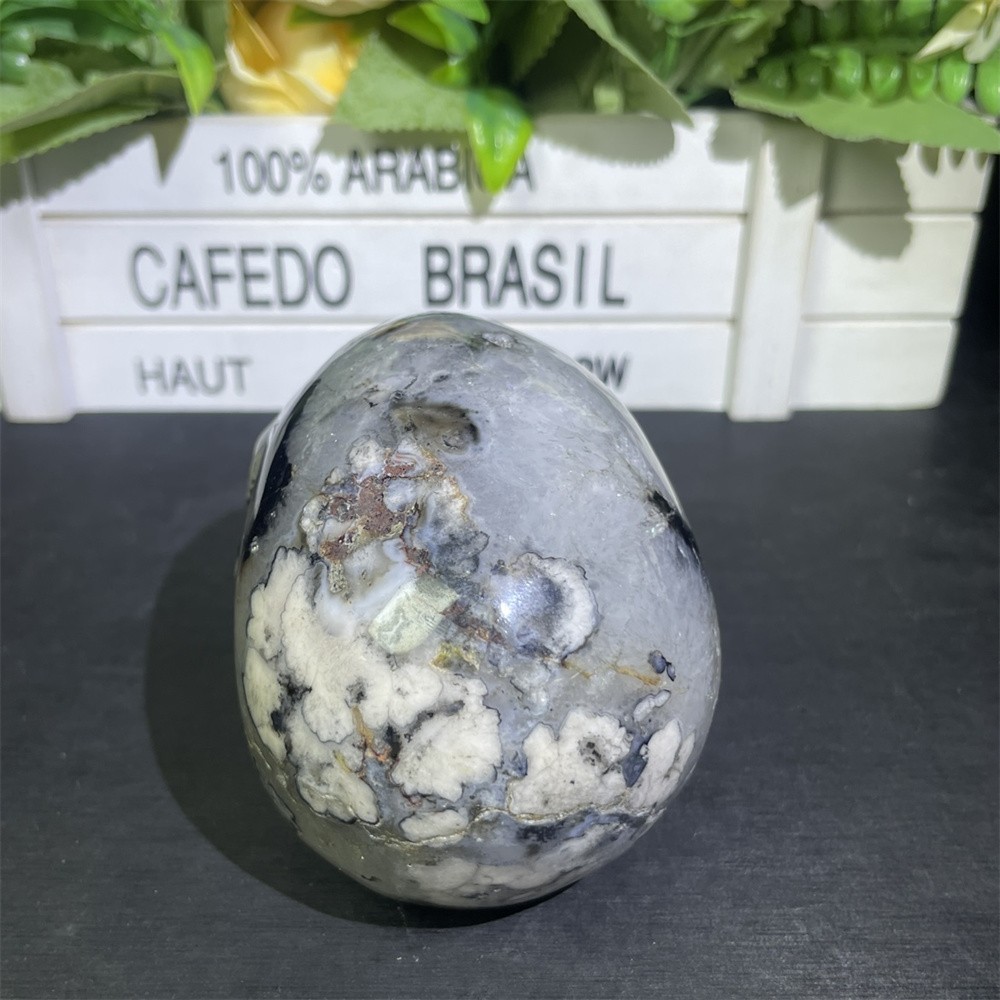 1.6LB 3.5″ Black Flower Agate Skull Carved Crystal Quartz Decor Reiki Gift