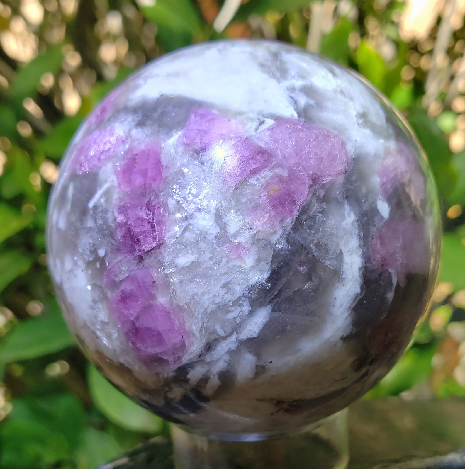2.49″ Pink Tourmaline Smoky Quartz White Albite UV Crystal Sphere Orb Ball, 356g