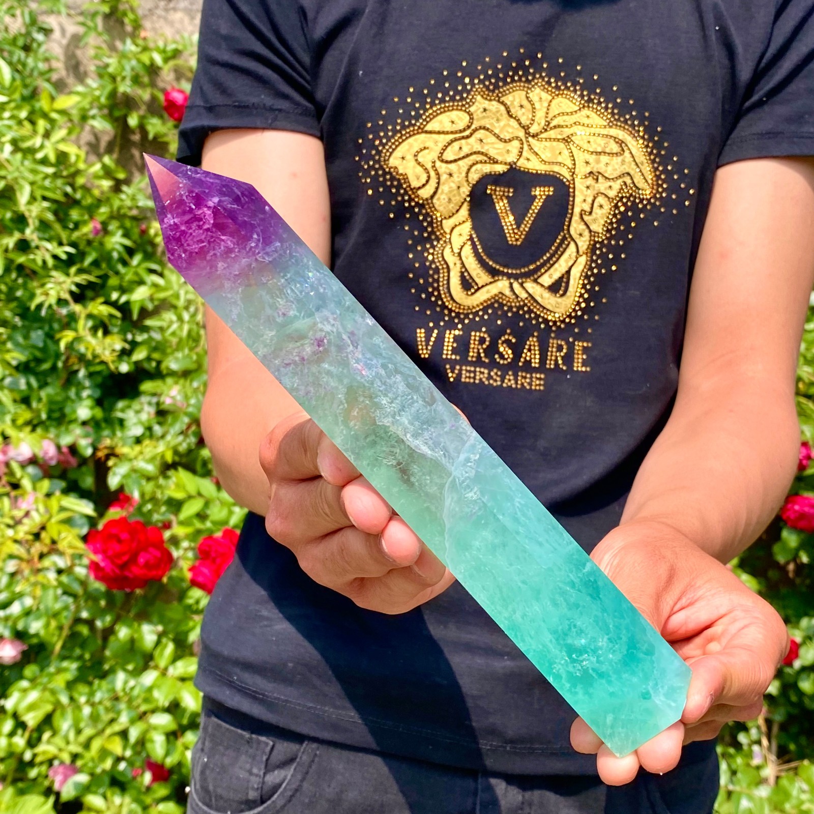 1.6LB Natural rainbow fluorite obelisk quartz crystal wand point Gem Healing