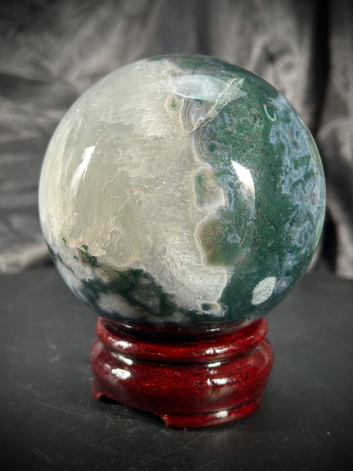 3.25″ Unique Moss Agate And Quartz Sphere With Wood Stand 1lb 10.3oz