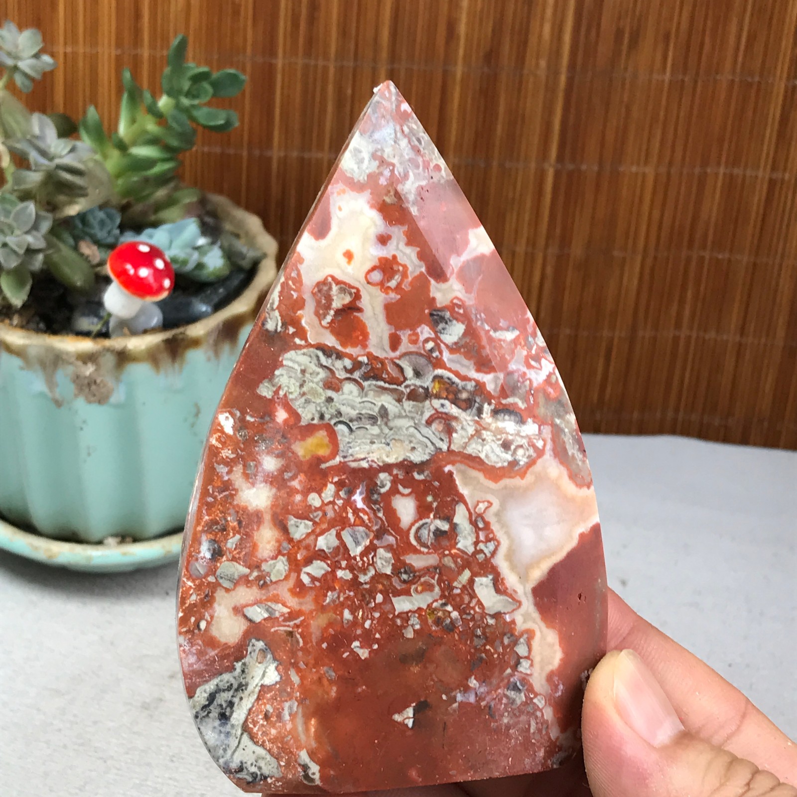Natural money Mexico agate hand carve leaf Crystal Specimen free standing A6259