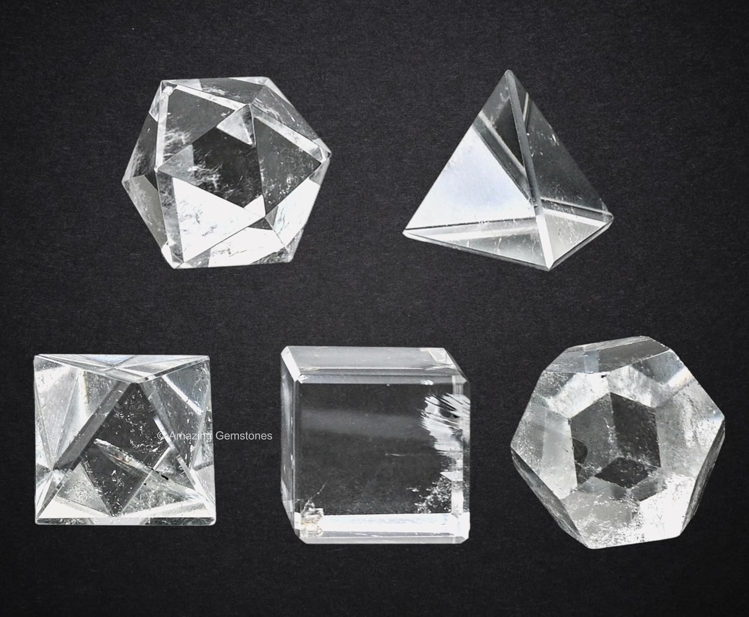 Platonic Solids Crystals – Set of 5 Sacred Geometry and SET of 5 Clear Quartz