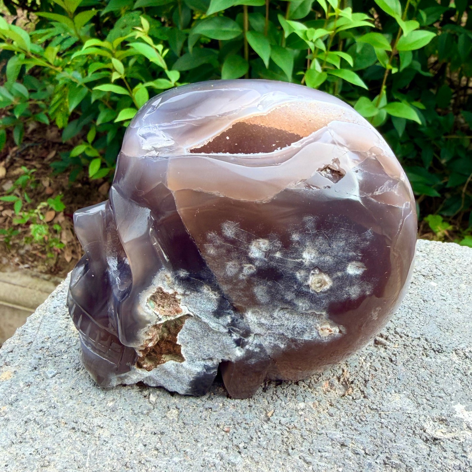 2.36lb Amethyst agate crystal cave skull, Rare hand carved skull specimen