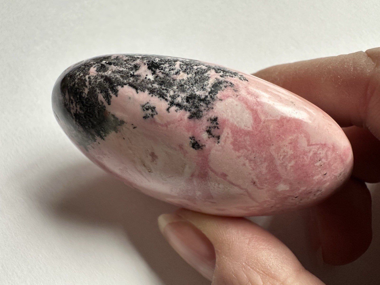 Polished Pink Rhodonite Palm Stone, Oval Egg Shape Mineral Specimen, 3 in