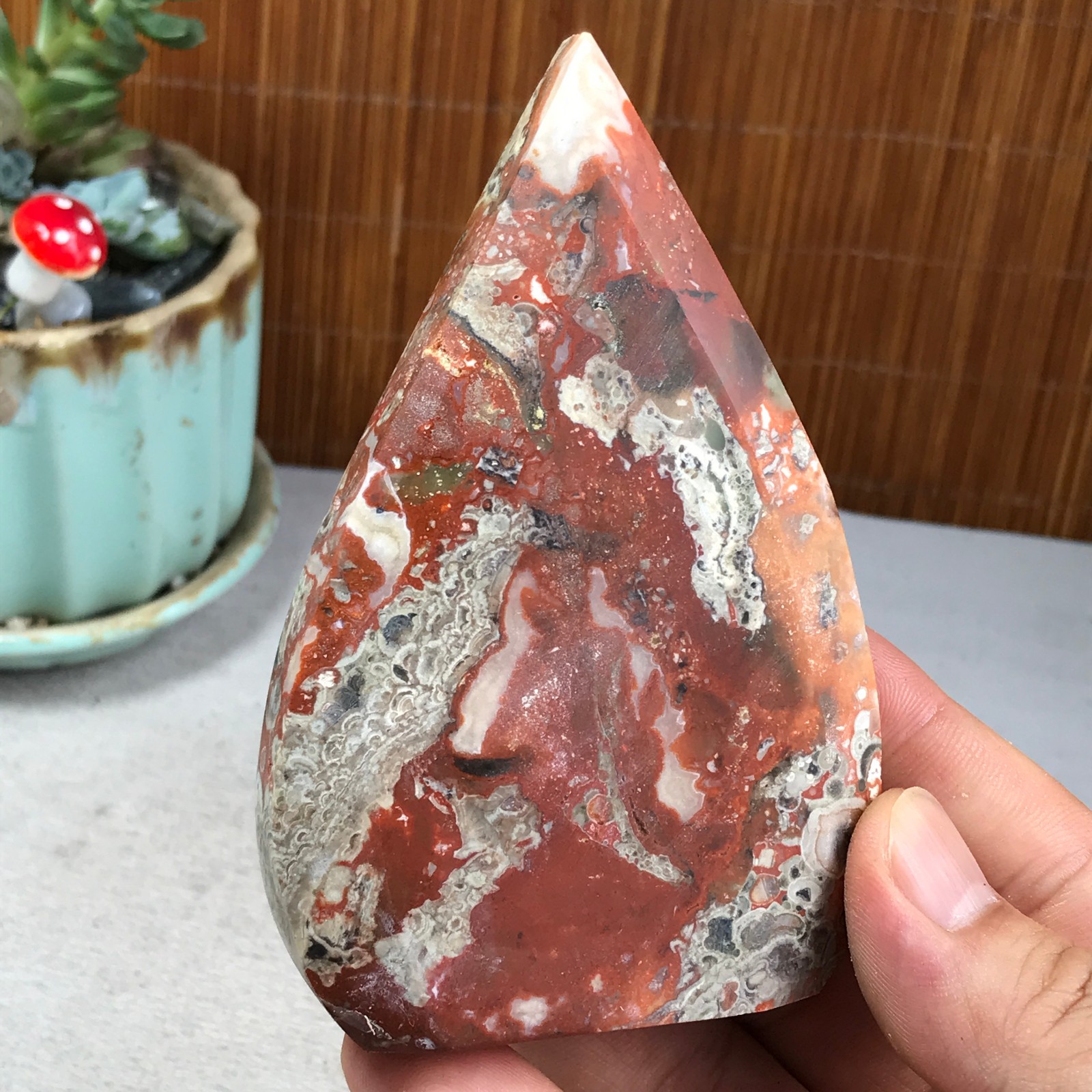 Natural money Mexico agate hand carve leaf Crystal Specimen free standing A6269