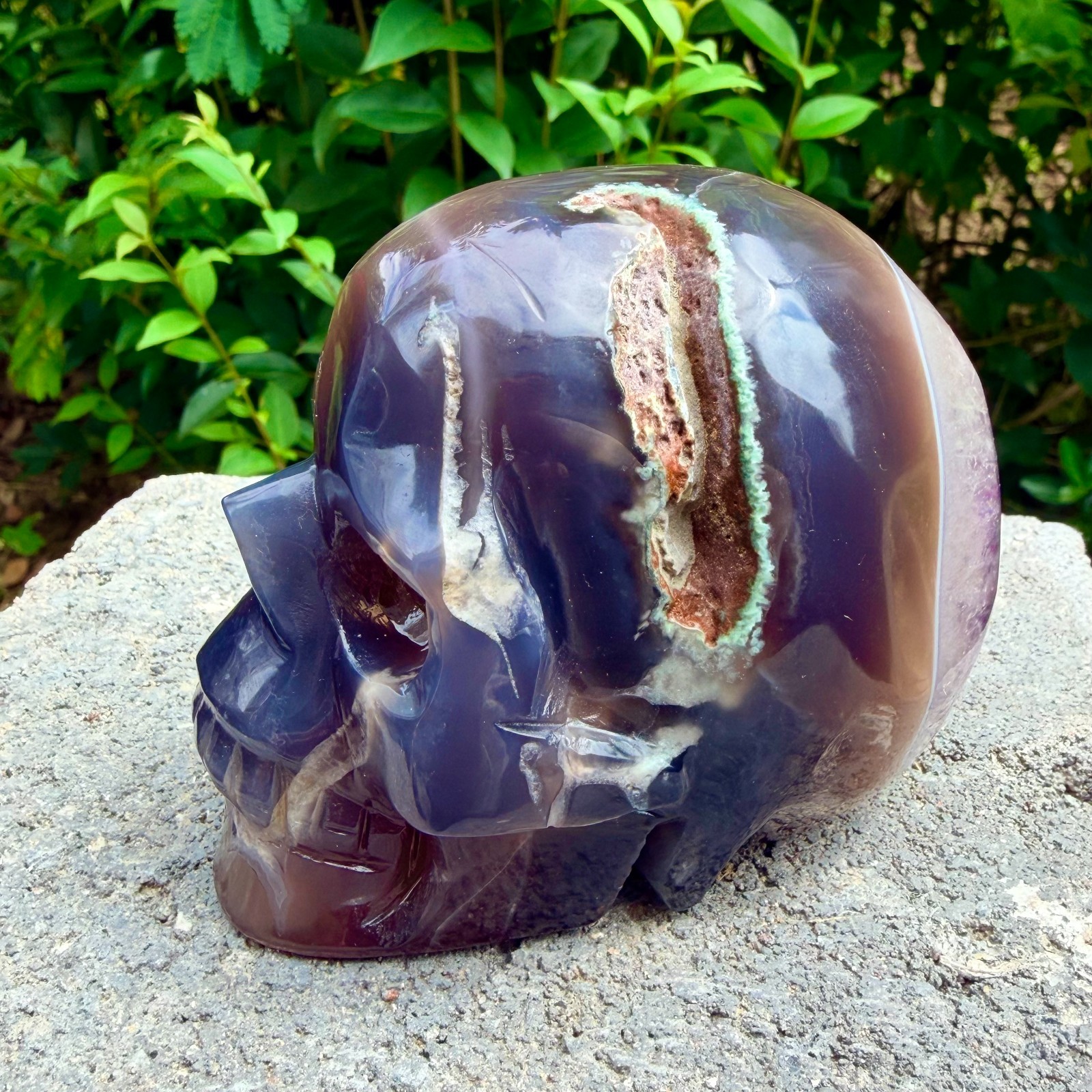 1.75lb Amethyst agate crystal cave skull, Rare hand carved skull specimen