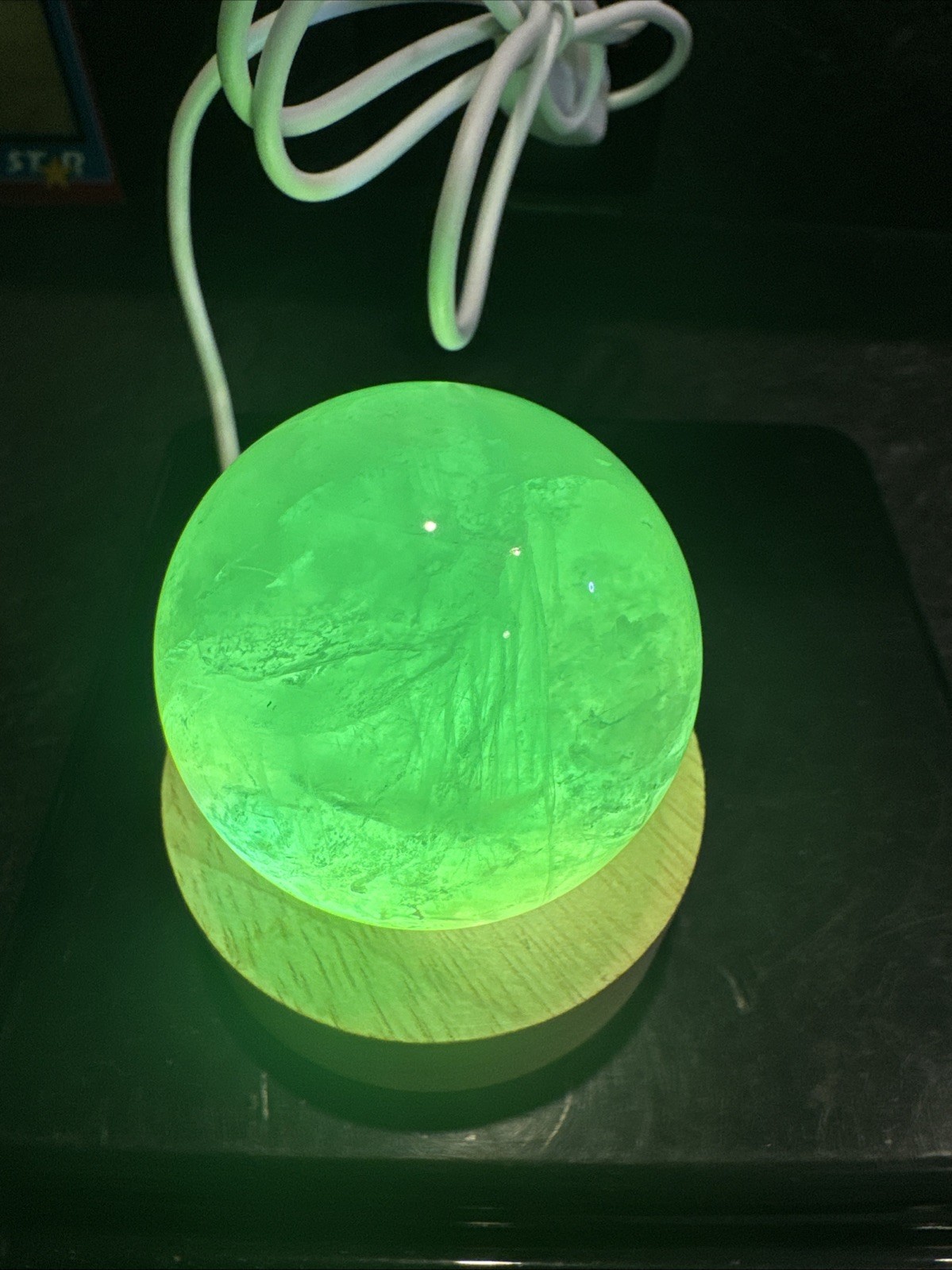 Green Flourite Crystal Sphere On Lighted Stand 200 Grams 49 mm