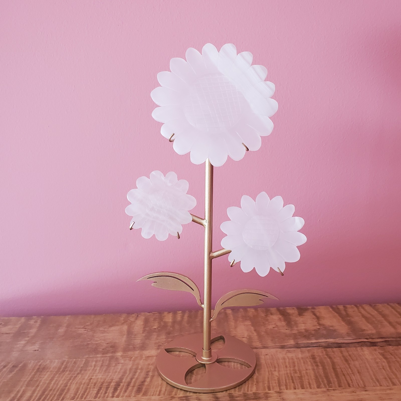 UV Reactive Pink Calcite Crystal Sunflowers On Metal Stand 3 Flowers